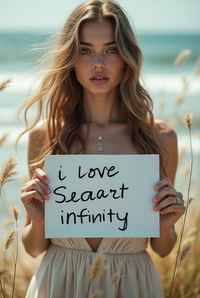 Beautiful girl with wavy long hair, bohemian dress, holding a white board with text "I Love Seaart Infinity" and showing it to the viewer
