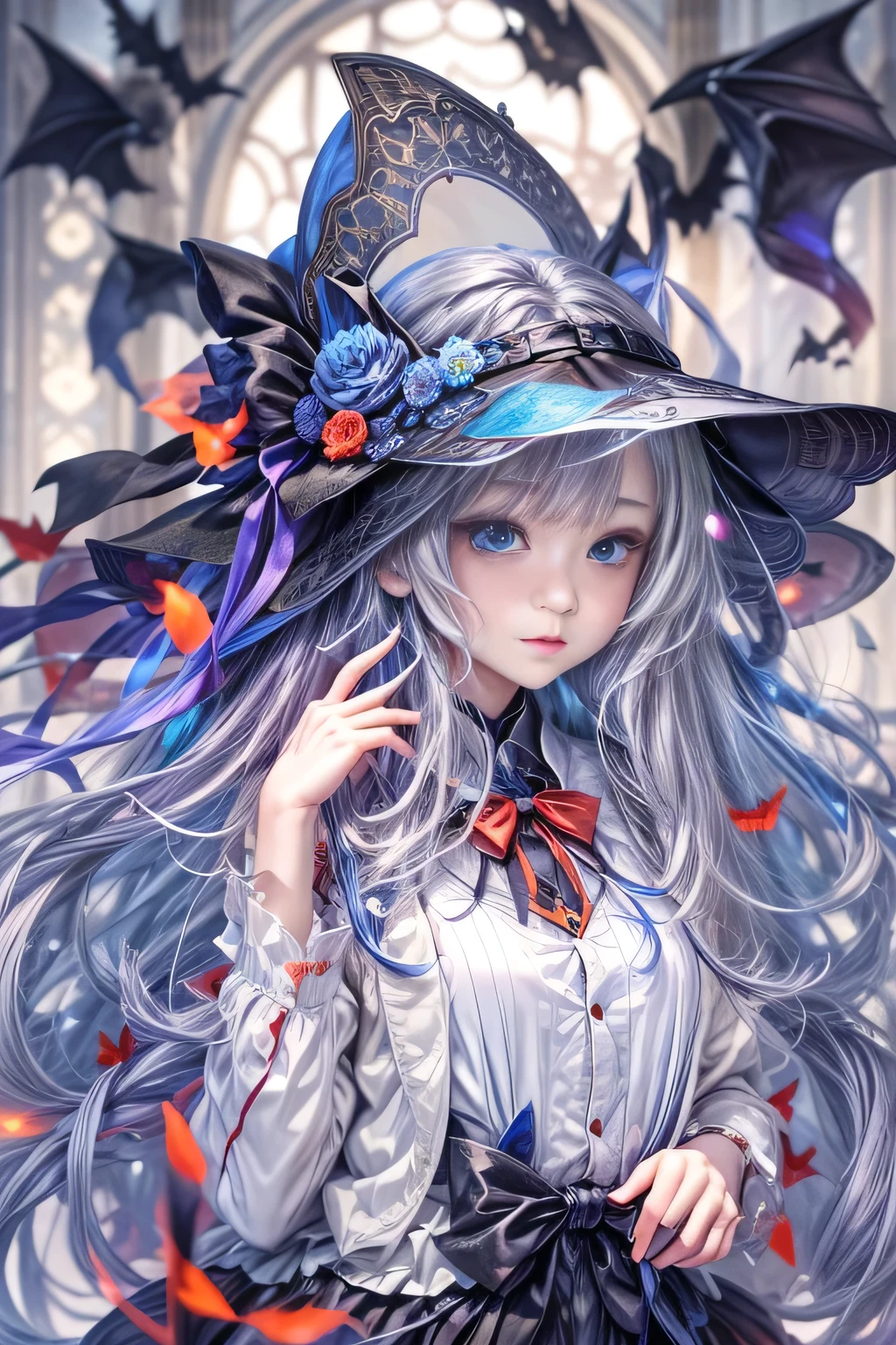 8k.Half Russian and half Japanese、Russian face、beautiful girl、princess、、Small face、Young face、Big eyes、Skinny、Small breasts、（（（Silver Hair、Silver Hair）））、With bangs、（（（High resolution big beautiful light blue eyes, ）））、Long Straight、（（（Red ribbon in hair、Floral decoration）））、Partially braided、Japanese school uniform、Gray school uniform、Red bow tie、A girl surrounded by a fantastic blue flame，（Girl with big bat wings）、2 people、twins、ヴァンパイアのprincess、（Sharp Fangs）（Blood dripping from fangs）、Blue flame aura all over the body、Runaway girl、Manipulate countless pale fire balls、、Halloween Costumes, Pointy hat、Decorated pumpkins with intricate haunted house motifs.black magic、magic circle、（（Illuminated shadow of a bat on a cloud））、Old clock tower、fantasy landscape、A blue light emanates from her chest and spreads through her veins、Blue Flame Fantasy、Halloween Master、（（（A glowing blue cat with bat wings）））、２Animals、Swarm of bats、central、god々Successfully、Building district、skyscraper
