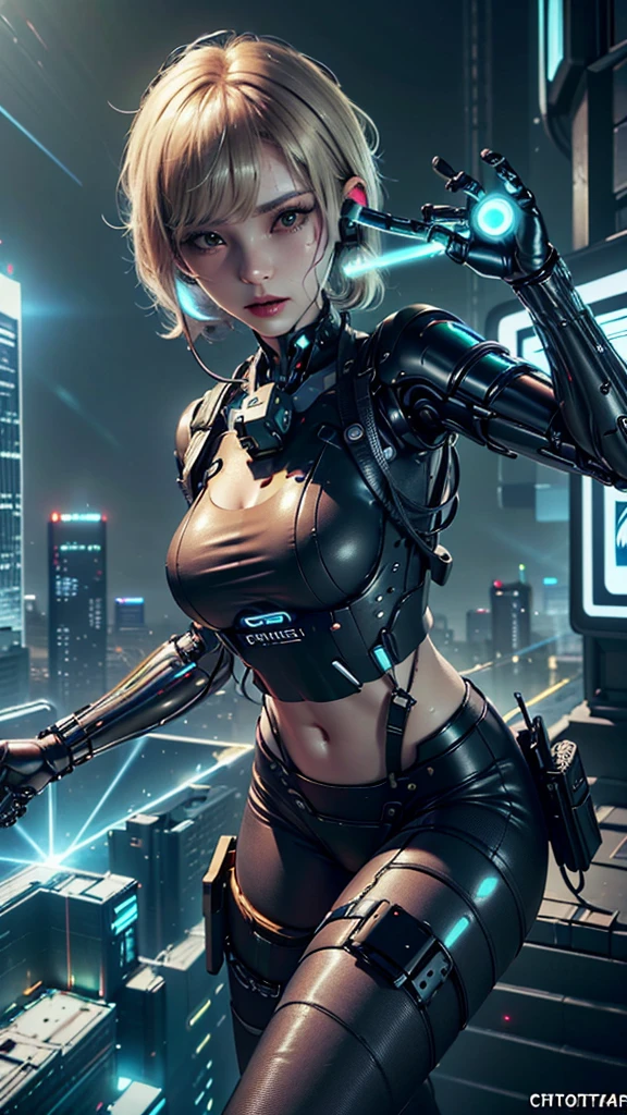 (((HD photo))), ultra high res.photorealistic:. 1.4, UHD, masterpiece, trending on artstation, detailed portrait, 1girl, pretty, cute face, serious,most beautiful in the world, soft, delicate, (very short hair, blonde:1.3), cute breasts , (wearing a ultra detailed tactical cyber suit, (Pure energy), neon lighting, sexy midriff ), ((cyber multiple coloring tactical tights:1.4, cybernetic technology)),(earphone:1.4),(Tactical Holster:1.4),(Gloves:1.4), (she is a spy:1.2, she is operating an important mission, (aiming the enemy by laser gun)) ,((night cyber city, skyscrapers, background)), 