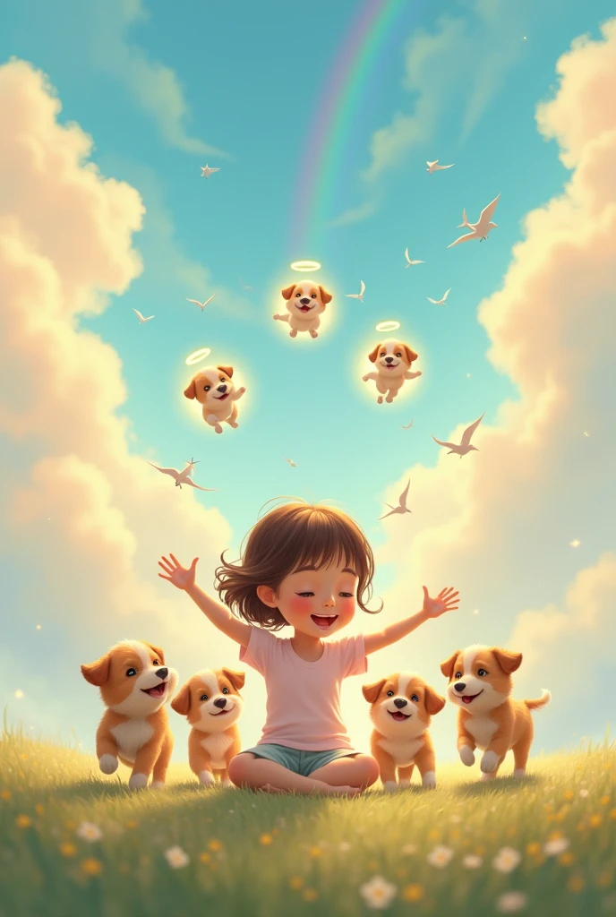 Give me a drawing.
The background have cloud, rainbow and birds
While in the middle there's a girl seating opening her arms welcoming 3 new alive small dogs running towards her while there's 3 dead angel dogs with round on top of the dog flying on her upper head