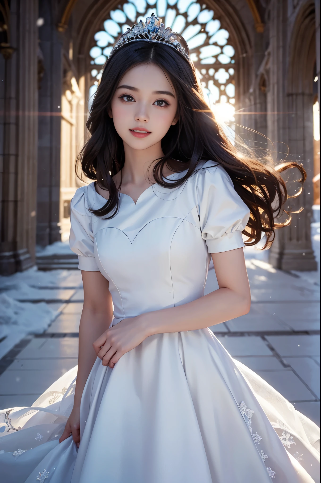 best quality, masterpiece, 1 girl, long hair, A huge laugh, cute , shiny lips, sweet, sun glare, Conservative attire, Disney Snow White, Bridal Tiara, depth of field, blurred background, Cathedral Background, light particles, strong wind, head tilt