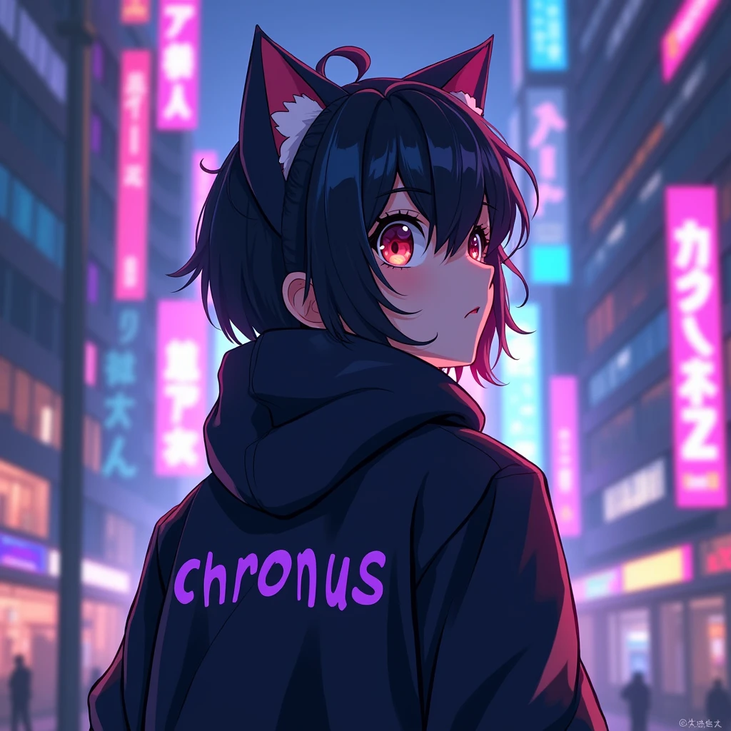 anime boy is wearing black jacket, with
cat ears and with a purple text "chronus" at
the back of his clothes, in citylights
background