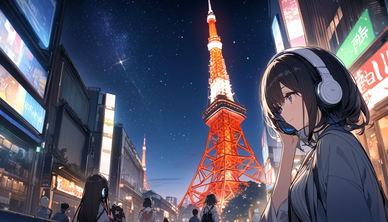 A black-haired woman facing forward with Tokyo Tower in the background,Night starry sky,Streetscape、Listening to music with headphones、Japanese