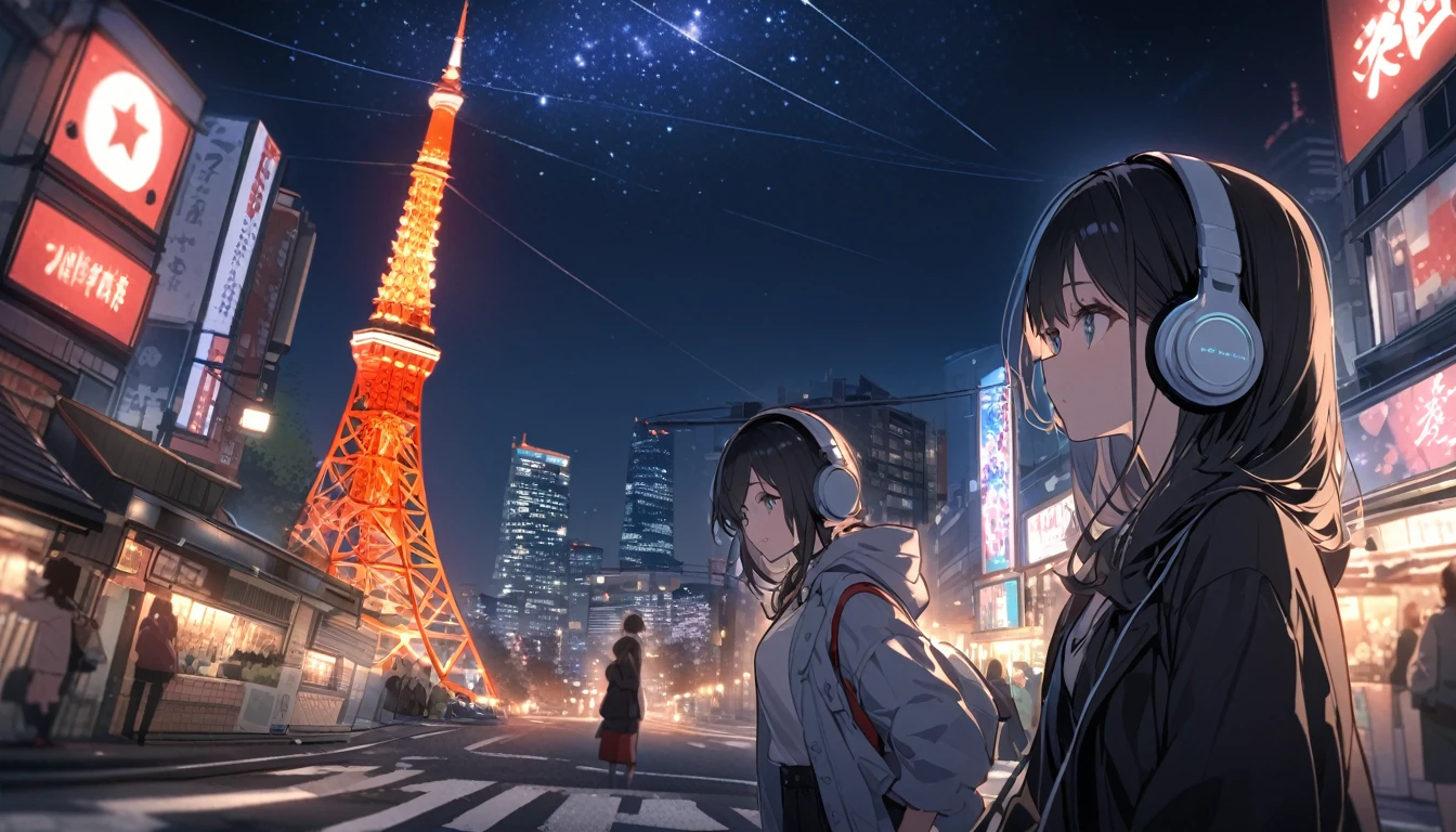 A black-haired woman facing forward with Tokyo Tower in the background,Night starry sky,Streetscape、Listening to music with headphones、Japanese