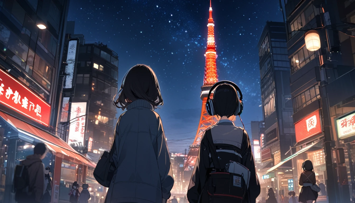 A black-haired woman facing forward with Tokyo Tower in the background,Night starry sky,Streetscape、Listening to music with headphones、Japanese