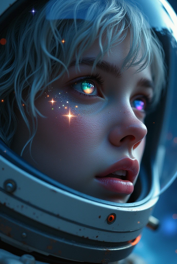 (Close-up of a better masterpiece:1.5)0.9], (Space and astronauts:1.2) (Messy silver hair:1.1) (Heterochromia xanthochromia and blue eyes:1.2) (Space Helmet:1.0) (Colored stars in the eyes:1.0) (A radiant glow:1.1) (thick lips:0.9)