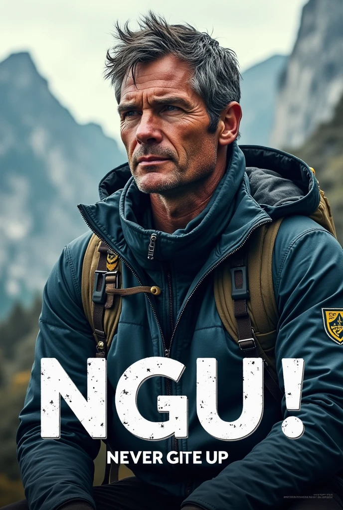 Make a poster written Never Give Up in short way NGU with a picture of bear grylls.