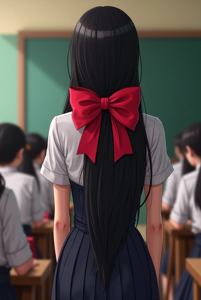 Teacher with long black hair with a large ribbon bow Coquette, The teacher has her back turned and is in the classroom, with the students.