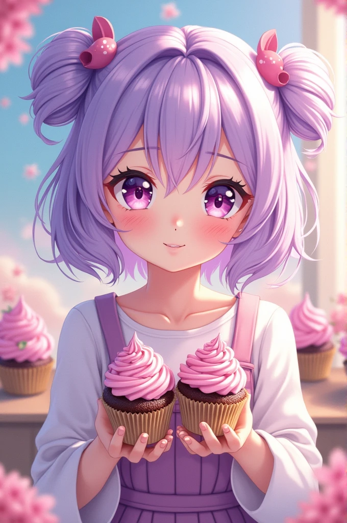 Anime girl with light purple hair drills holding pink and purple cupcakes