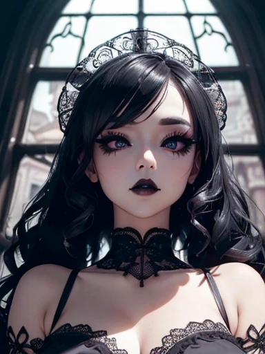 (1 girl 1.3) (extremely detailed 1.3) (anatomically correct, High precision, realistic skin) (RAW photo, Super detailed, advanced details, intricate details,), (Lighting: Face lighting, Ray tracing, reflective light, Structurally correct) ((Gothic house, candlelight 1.3)) (Subject: beautiful Asian woman with White hair in curls and coils) (wearing: glamorous detailed embroidered gothic black corset, white panties, detailed neck wrists and fingers, ((beautiful big eyes looking up at the viewer, black shiny lipstick, perfect Asian goth cyber makeup))
