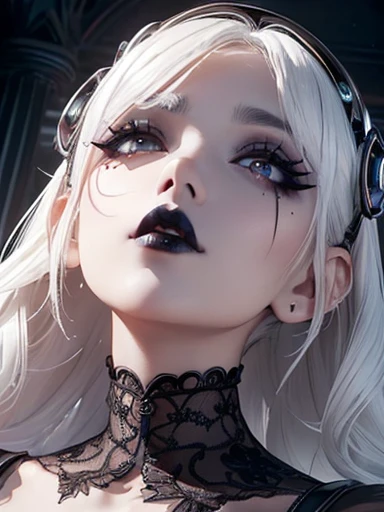 (1 girl 1.3) (extremely detailed 1.3) (anatomically correct, High precision, realistic skin) (RAW photo, Super detailed, advanced details, intricate details,), (Lighting: Face lighting, Ray tracing, reflective light, Structurally correct) ((Gothic house, candlelight 1.3)) (Subject: beautiful Asian woman with White hair in curls and coils) (wearing: glamorous detailed embroidered gothic black corset, white panties, detailed neck wrists and fingers, ((beautiful big eyes looking up at the viewer, black shiny lipstick, perfect Asian goth cyber makeup))
