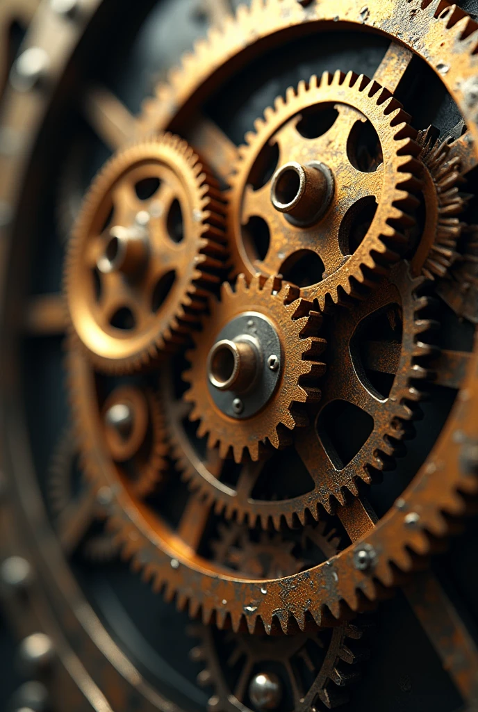 So many beautiful gears with beautiful chains connecting the gears and gears, close-up shots of the chains, dynamic camera work, inside of a precision machine, beautiful metallic light reflections!