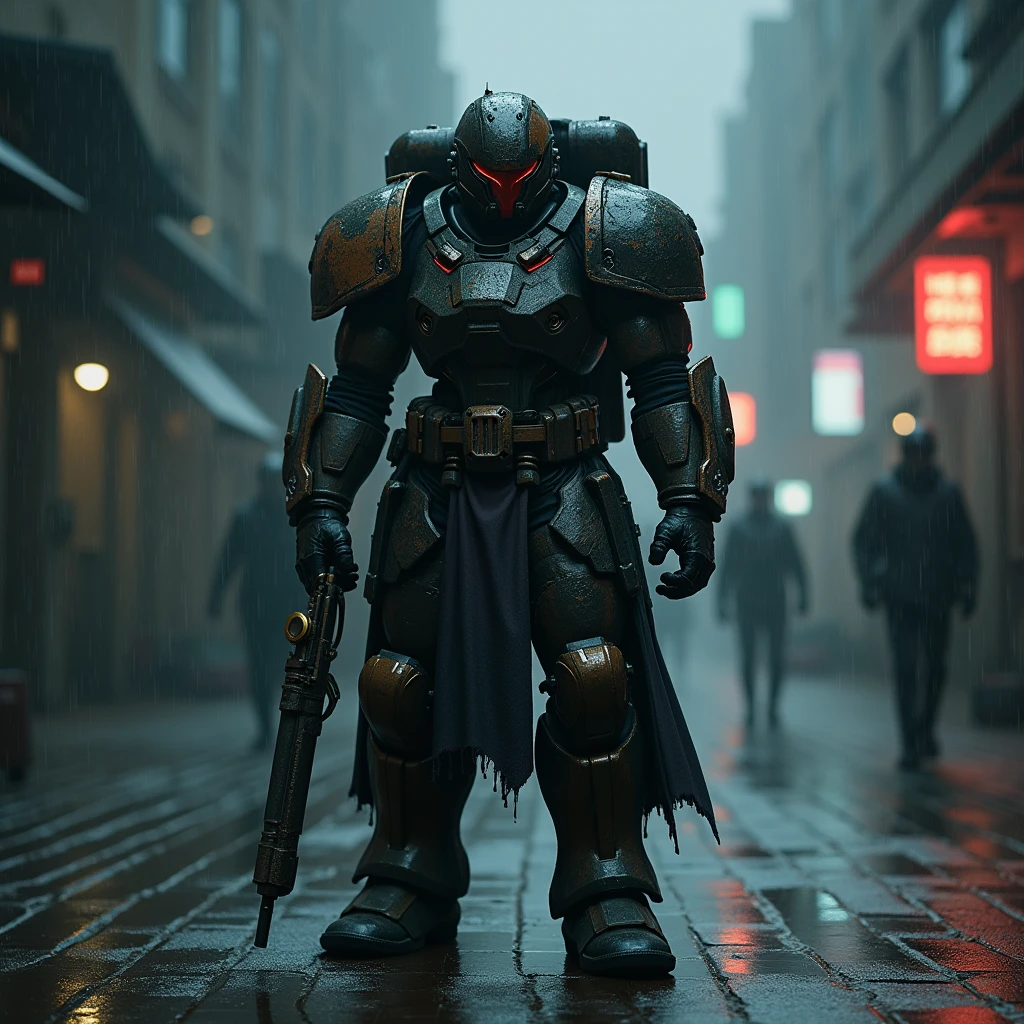 Warrior wearing mecha helmet,Dark environment,Handheld weapons,assume a fighting stance,周围Dark environment潮湿,With rain reflective,Realistic style,Art Photography