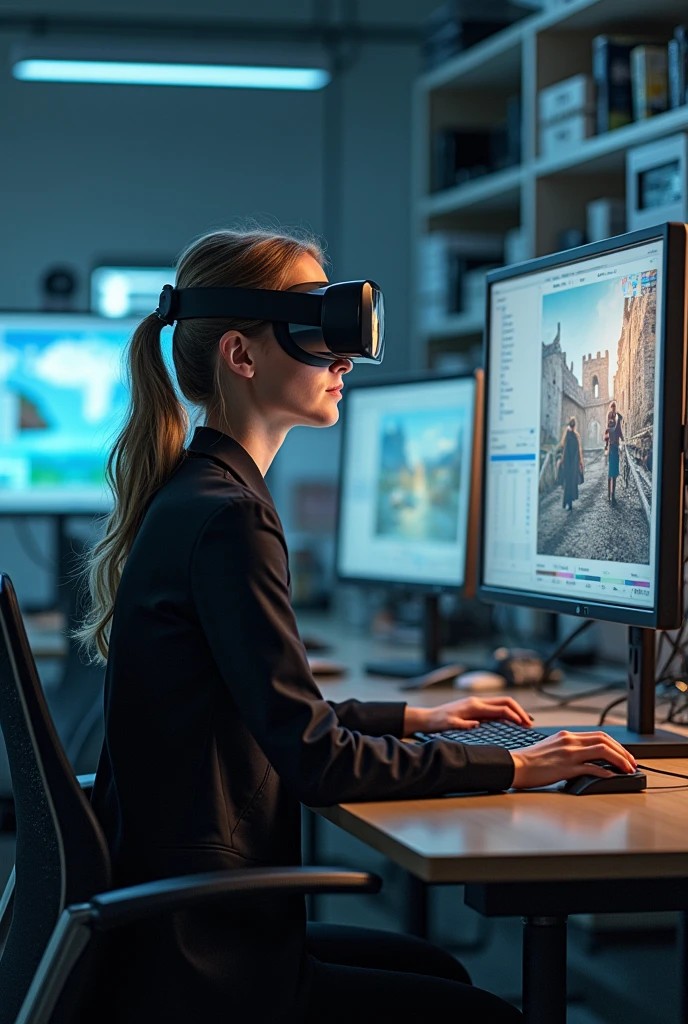 Young, beautiful and smart European woman about 3 sits at her workplace. She has a confident and focused expression on her face. Her environment includes modern technologies with virtual and augmented reality equipment., Monitors. On one of the monitors there is a picture of life in the Middle Ages. The scene represents the rapid development of new technologies