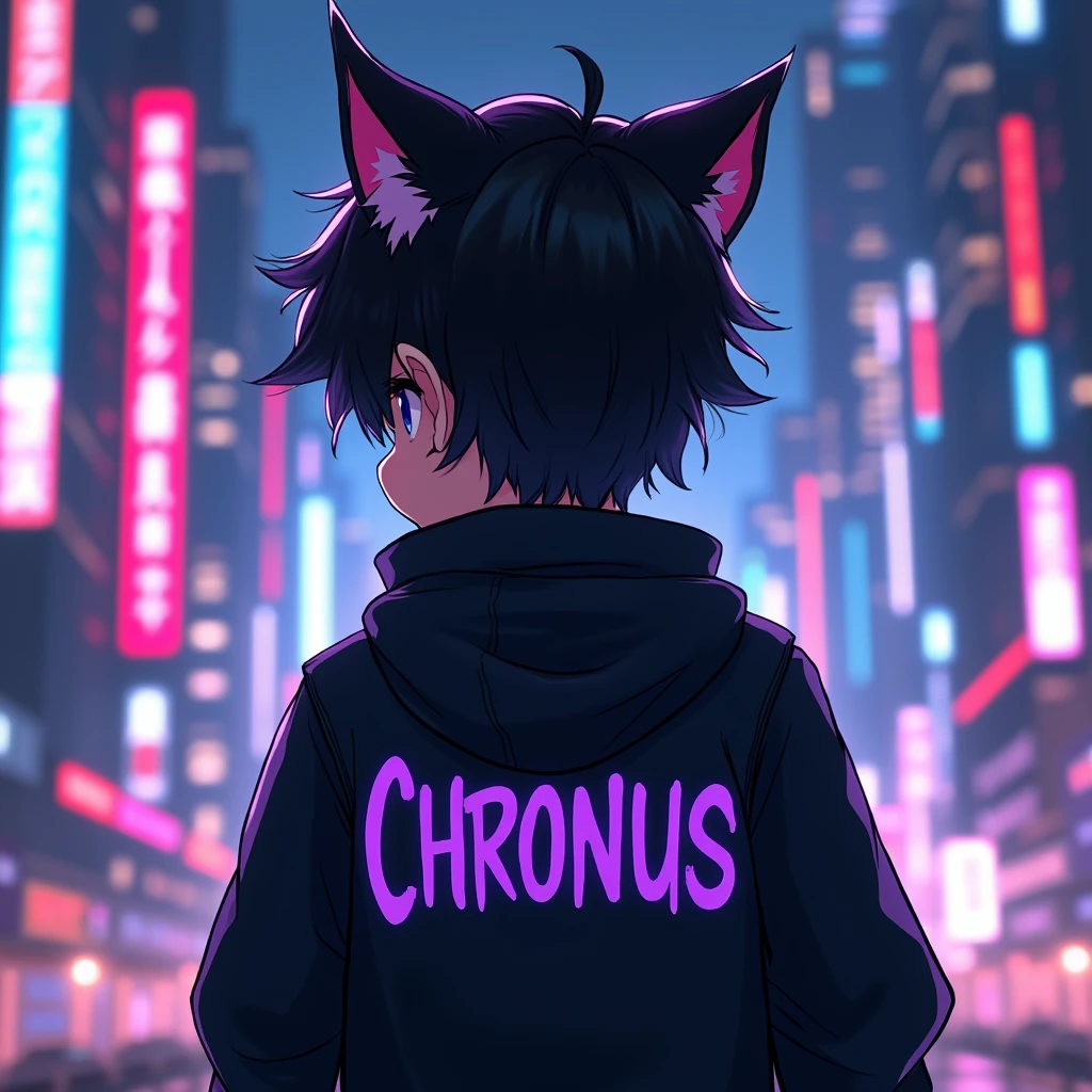 anime boy is wearing black aesthetic jacket, with
cat ears and with a purple text "chronus" at
the back of his clothes, in citylights
background