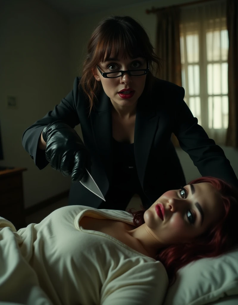 Italian crime film, horror, giallo scene, nerdy killer, black glasses, black gloves, butcher knife, girl tied up on bed, dirty hotel room, cinematic lighting, , Realism, Luminism, cinematic lighting, Eye-Level Shot, Ultra-Wide Angle, high details, award winning, best quality, 16k, ccurate, retina, UHD, textured skin, super detail