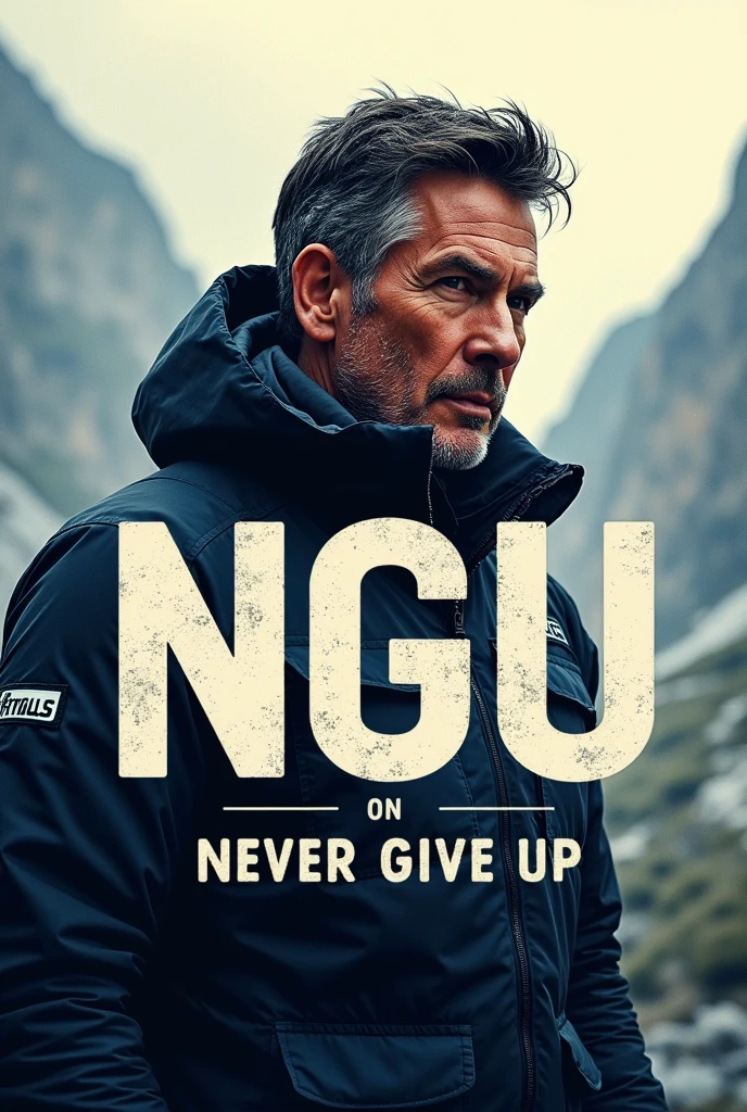 Make a poster written Never Give Up in short way NGU with a picture of bear grylls.
