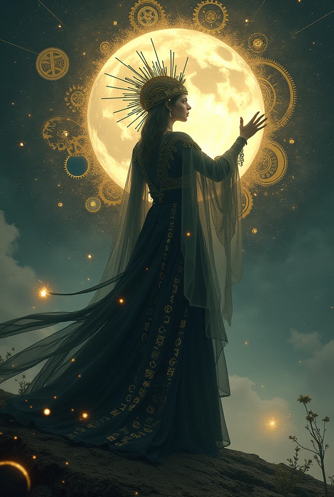 Starlight Priestess moving the moon disk causing an eclipse, gothic steampunk imagery, surrealistic, esoteric, Avant-garde aesthetics, cinematic lightning.