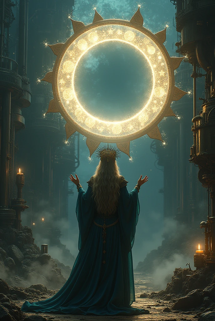 Starlight Priestess moving the moon disk causing an eclipse, gothic steampunk imagery, surrealistic, esoteric, Avant-garde aesthetics, cinematic lightning.