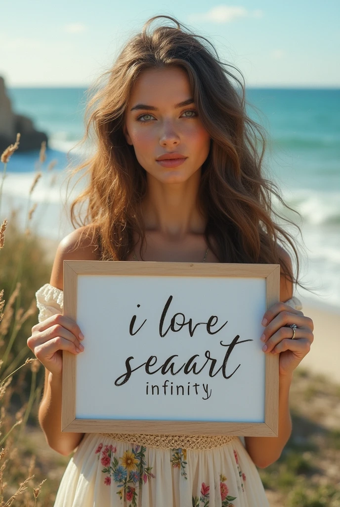 Beautiful girl with wavy long hair, bohemian dress, holding a white board with text "I Love Seaart Infinity" and showing it to the viewer