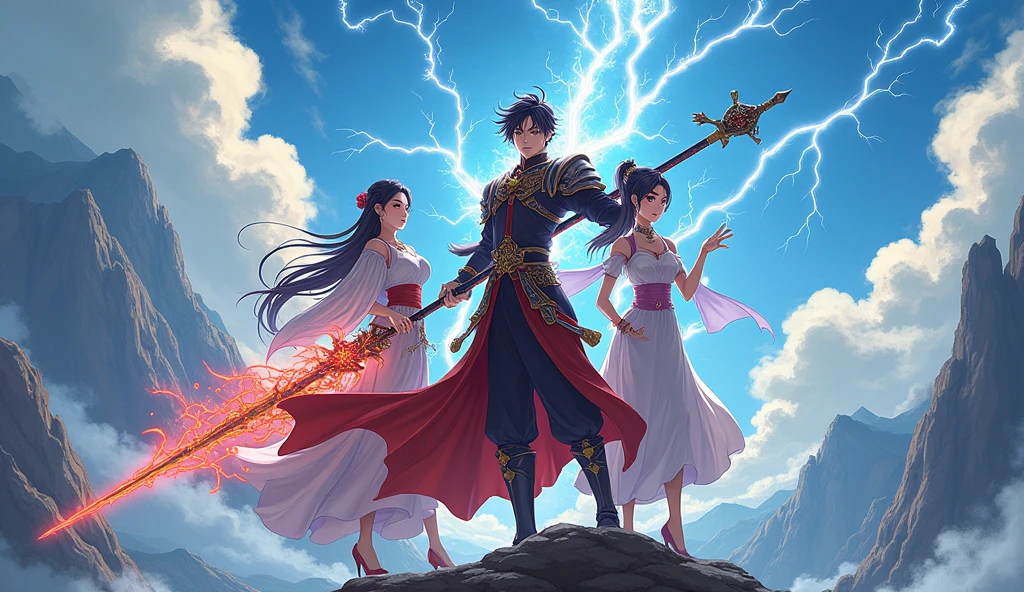 Chinese web novel main character poster anime style man hero with ancient dragon carp weapon pet animal and beautiful girl his weapon will create lightening poster type is manhwa anime. post must have text on it text [Chinese web novel main character poster anime style man hero with ancient dragon carp weapon pet animal and beautiful girl also in the poster "Nine Star Hegemon Body Art Audiobook"]