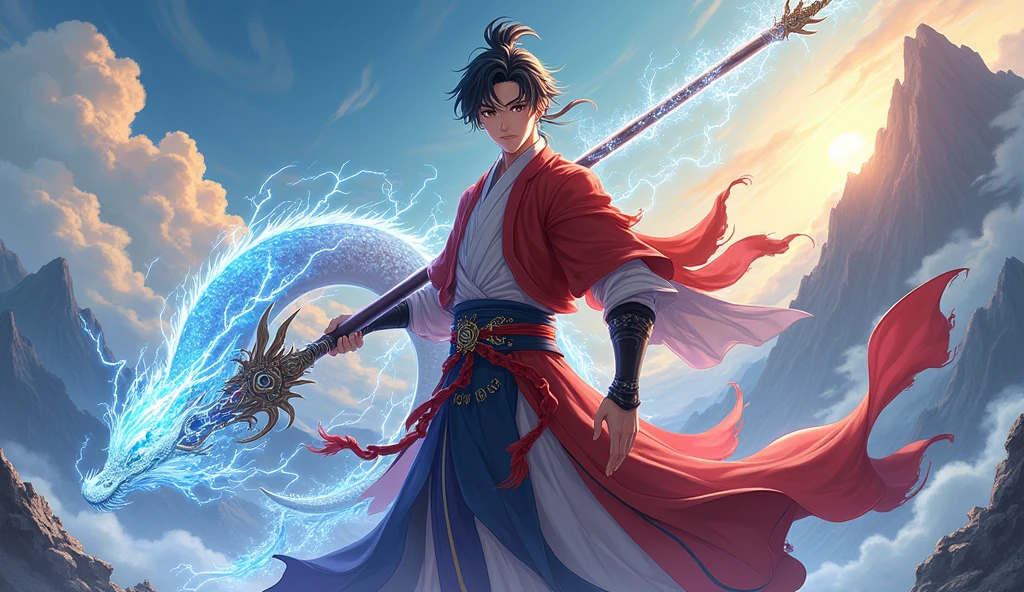 Chinese web novel main character poster anime style man hero with ancient dragon carp weapon pet animal and beautiful girl his weapon will create lightening poster type is manhwa anime. post must have text on it text [Chinese web novel main character poster anime style man hero with ancient dragon carp weapon pet animal and beautiful girl also in the poster "Nine Star Hegemon Body Art Audiobook"]