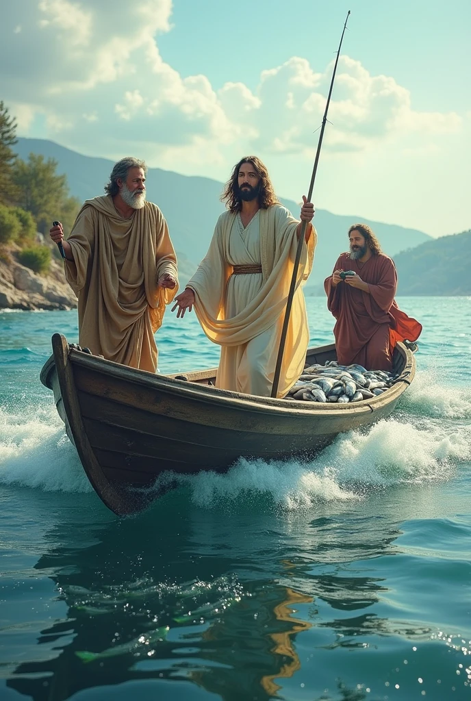 Jesus with peter and his brother on a boat catching many fishes, high quality, 8K Ultra HD, crisp lines, vibrant color, sharp focus, double exposure, awesome full color,