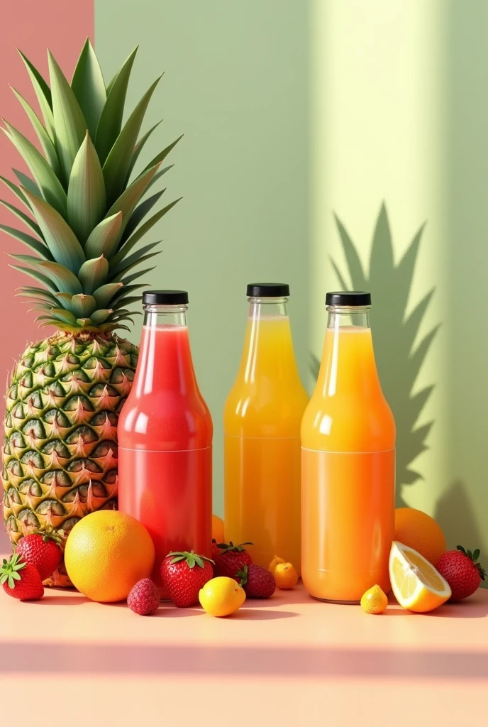 Generate me a 3D image of three juice bottles with an pineapple plant in the background and some fruits lying at the foot of the bottles.