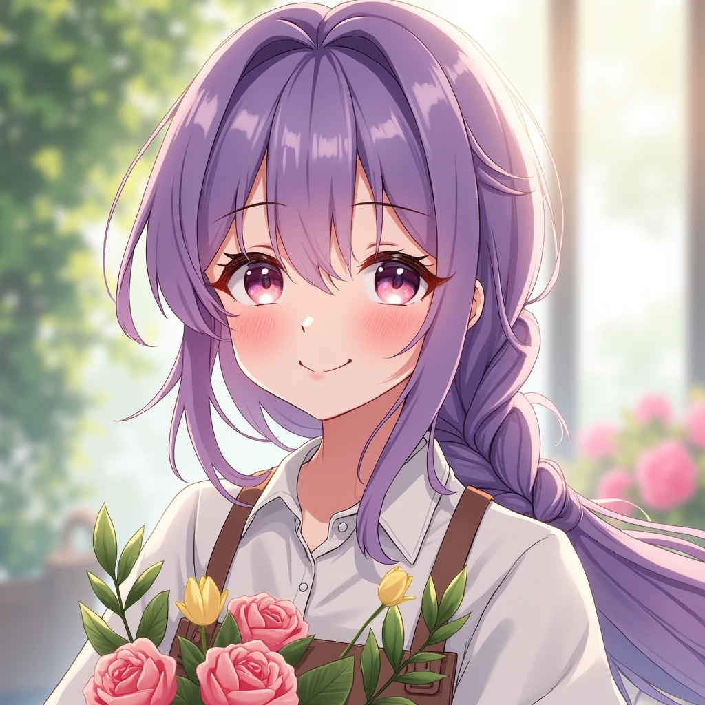 Anime Style, Character portrait, Florist,Braid, Purple Hair,