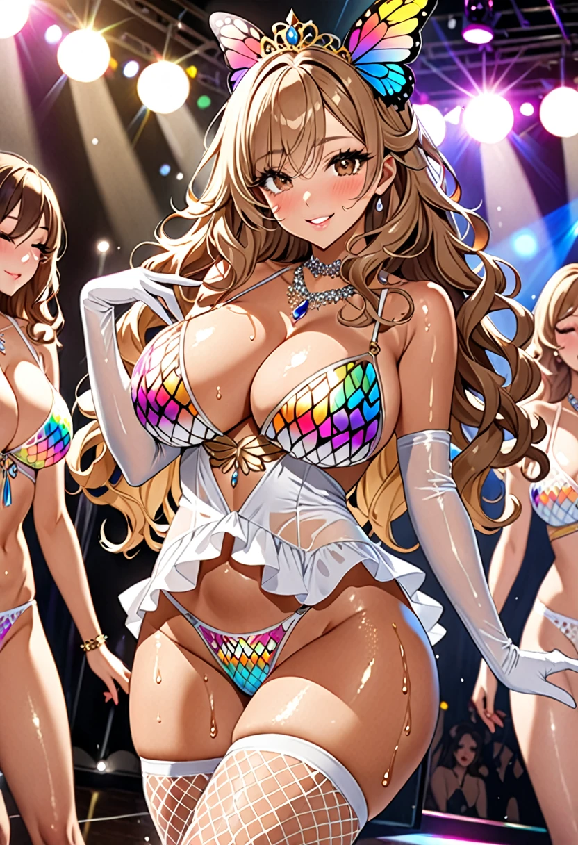 (Highest quality, Ultra-high resolution、The most complex and detailed depiction、masterpiece、8k, RAW Photos, Best image quality、Very detailedな顔、Attention to detail、Beautiful woman、Realistic、photo-Realistic、Very detailed, Beautiful attention to detail:1.5),(One adult woman:1.3)、(blush)、(Gal-style makeup、mascara 、eyeshadow、Dark eyeliner、Long and beautiful eyelashes、False eyelashes、double eyelid、heavy makeup、hostess、Brown eyes、:1.5),(A bra with a pale rainbow gradient butterfly pattern、Light rainbow gradient butterfly pattern panties:1.5)、Gorgeous jeweled necklace、Gold bracelet、A gorgeous gold tiara studded with jewels、Sheer white lace dress、Mesh fabric、White fishnet stockings,White opera gloves、(A seductive smile),(under boob、Huge breasts)、(Cleavage:1.2)、(((Light brown hair、Wavy Hair、Long Hair)))、elongated nose、Face with gills、(Very tanned and shiny skin:1.5)、(Perfect Style)、Saggy breasts、Large saggy breasts、((Sweat、Your body is wet))、((Dim Club、pole dance、audience))、(Mirror ball)、Sleepy face