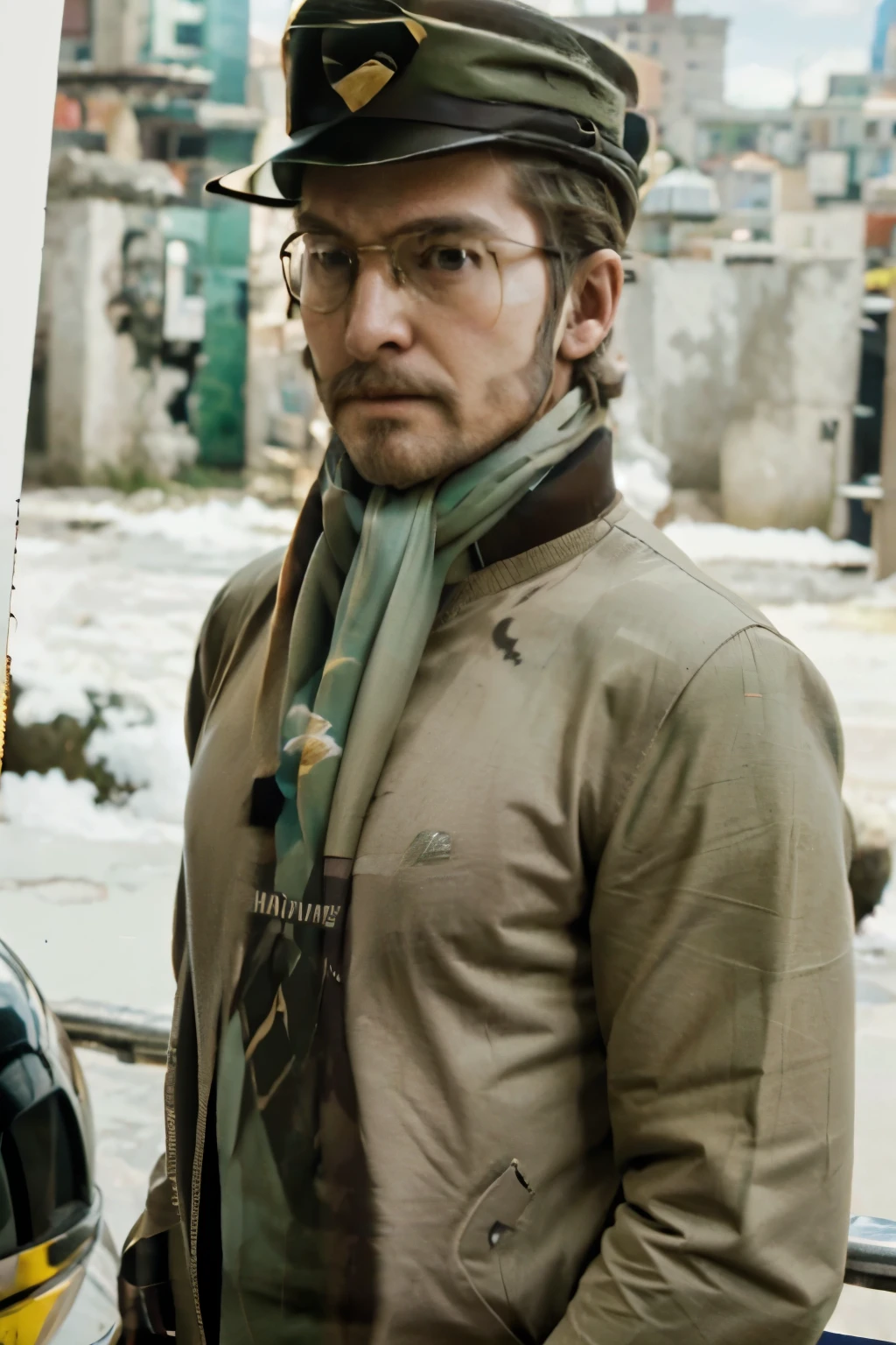 1man, british-japanese-german, handsome, wear glasses, wearing beige blouse, wearing hat, wearing green-dyed teal suit, wearing scarf, salt and pepper in quiff sides and tape hairstyle, cool, hd, high quality, realistic-style, ultra-realistic, hyperrealistic, closer distance face, closer distance head, his distance pressing against me, 8k resolution