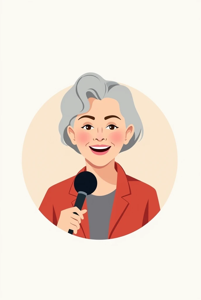 Design a minimalistic logo featuring a model of a beautiful, smiling old woman giving an interview with a microphone.. The design is circular and centered on a white background for high resolution. This unique logo incorporates a simple red color.