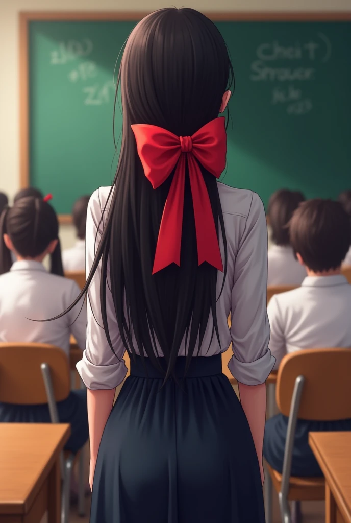 Teacher with long black hair with a large ribbon bow Coquette, The teacher has her back turned and is in the classroom, with the students.