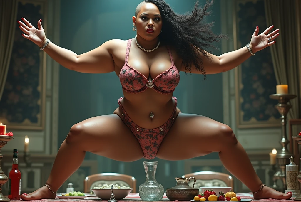 Slightly fat, super plump, Very plump, pearls necklace, Ring in the nose, 耳Nipple Ring, Anklets, Thick lips, black-skinned, Crystal heels, leather whip, bald head smooth, The expression is pompous, Heart-shaped bra, red colour, Pink clothes, Tight clothing or pajamas, Pajamas made of silk, (full body1:1), Slightly fat, Intricate court costumes, Gorgeous European court costumes in black and white, posing elegantly, bald head smooth, (((((bald))))), braided ponytail, eyepatch, mole under eye, makeup, seductive smile, chiaroscuro, close-up, cowboy shot, masterpiece, ccurate, high details, high quality, highres, anatomically correct, ccurate,the back ground is in a fancy restaurant, surrounded by food, food everywhere, table full of food in foreground,