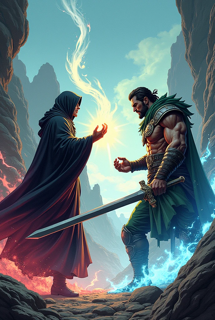Give me a panel of Mage Vs strength facing off before the fight but manga with dialogue