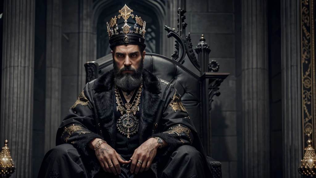 king with sitting on his throne, big crown on his head with diamonds and rubys, short grey hair with a medium sized beard, looking straight at you, background with gothic architecture, with a serious look, wearing black coat with gold patterns on sleeves and chest, black and grey fur around the head and shoulders of the coat, dark fantasy theme