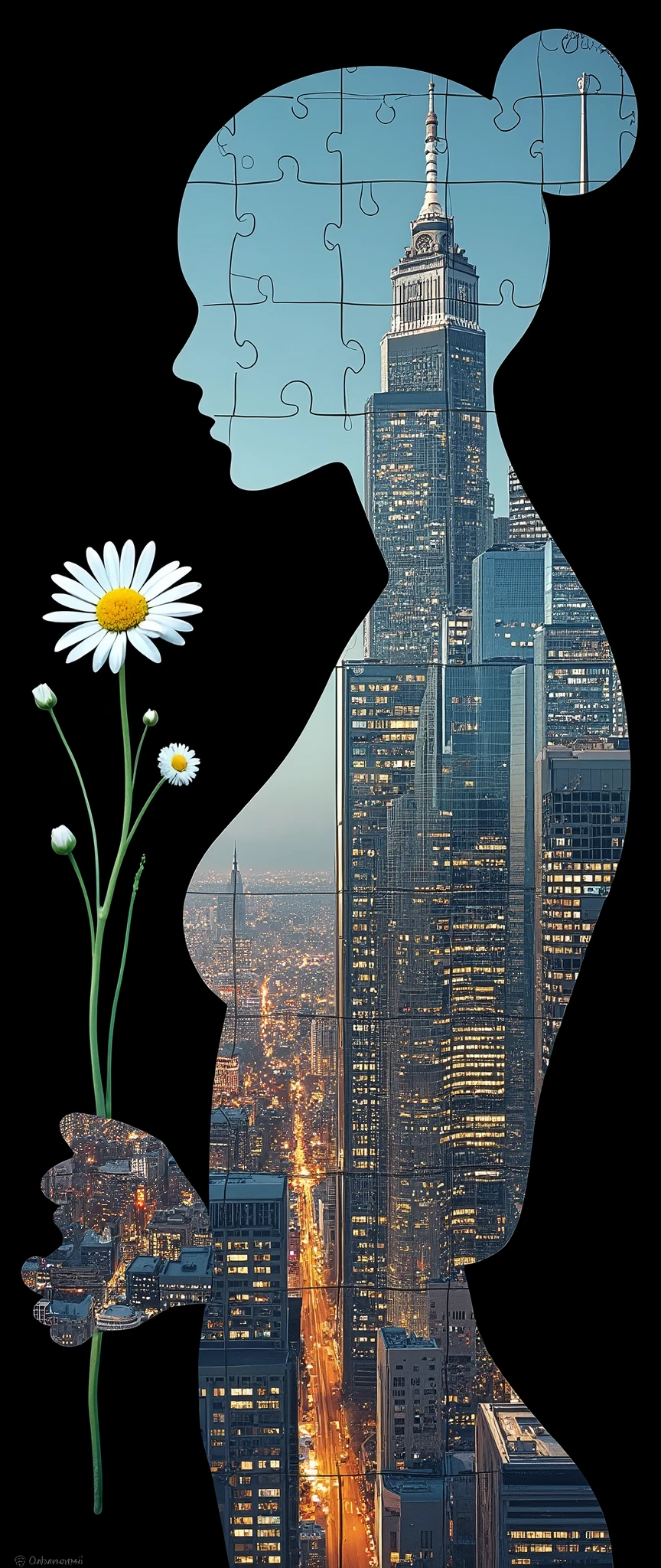(masterpiece:1.2,Exceptional Quality,mirror-like,Cinematic Experience,Photorealistic,RAW Photos,Super detailed),8k,wallpaper,(Beautiful multiple exposure illustration jigsaw puzzle combining a female cyborg and a futuristic city:2.0),(1000 piece jigsaw puzzle:2.0),(Black background:2.0),(Create the outline of a female cyborg holding a daisy flower:2.0),Sharp lines,Sharp Focus,Double Exposure,Full Color,(Detailed Female Hands:2.0),(Beautiful female hands:2.0)