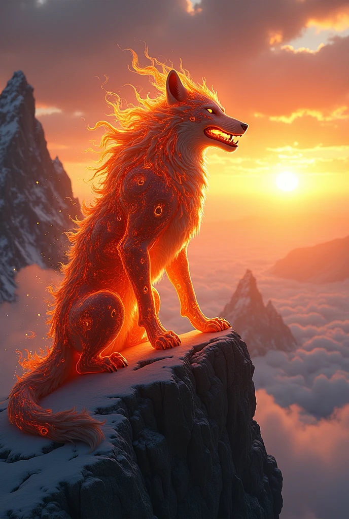 A fire wolf man character with a glassy costume sitting in mountain peak and see sunrise