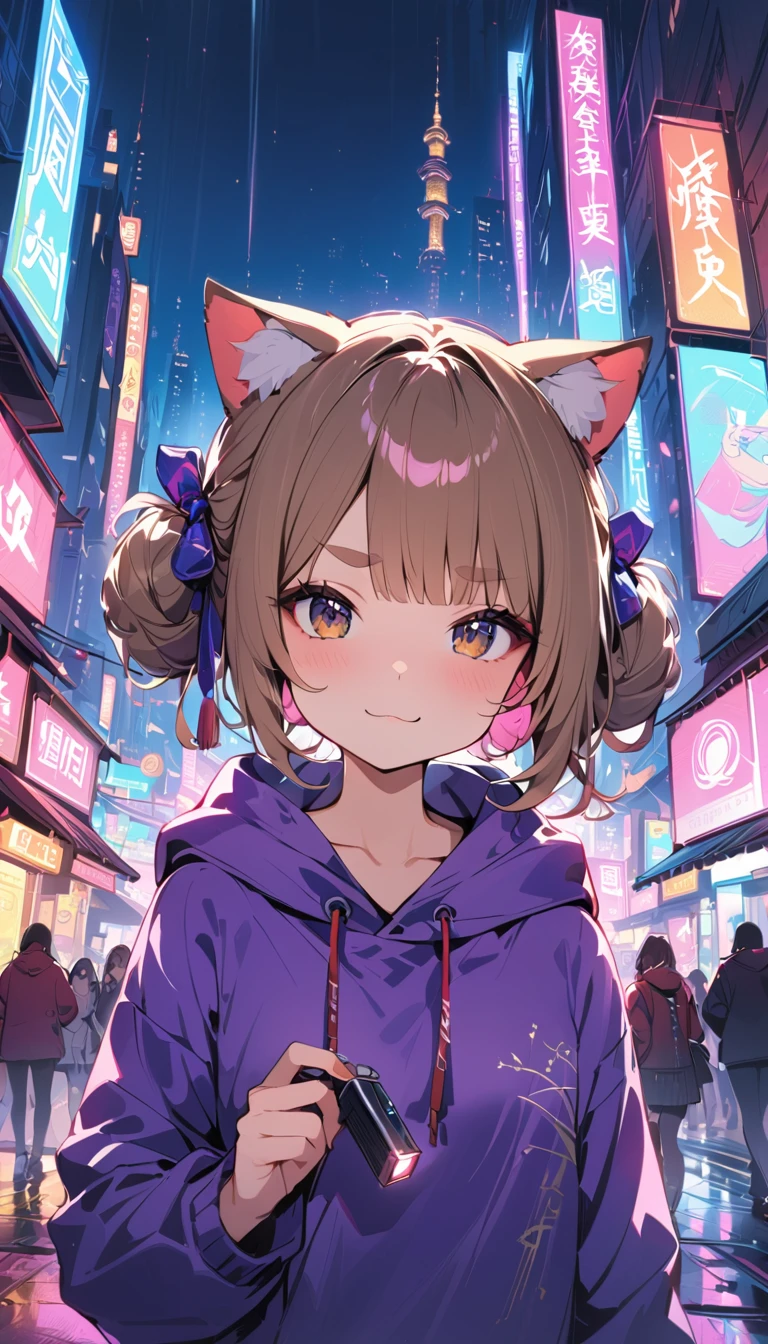 (((masterpiece, Highest quality, 1 girl with cat ears, alone, 独奏))), (((two side bun hairstyle, a little lighter brown hair,Lift all the hair on the sides, Very short, round eyebrows:1.8, bangs, Beautiful Eyes, Droopy eyes:1.6, Black Eyes))), (smug face, :3 face, smug face, Close your mouth, Red round cheeks, Mouth ω) View your viewers, 1, (((Navy blue Chinese style hoodie, Purple hoodie strings), Dark blue long boots)), Small breasts, ((Upper Body, arms behind)), from the front, full moon, A city full of neon lights in China, Many faint particles of light on the entire screen,