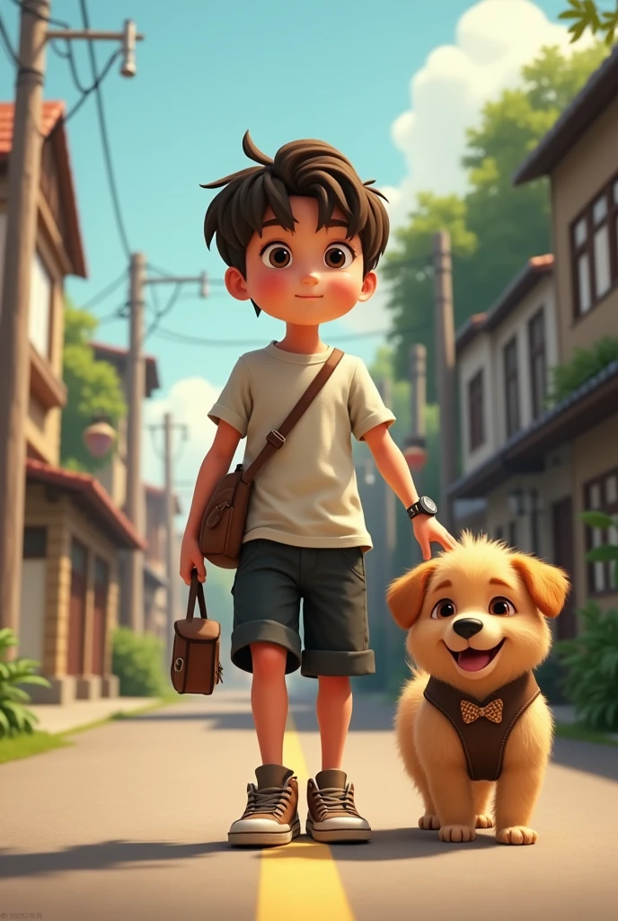 A detailed scene featuring a young boy around , with his loyal dog. The boy has short, slightly messy dark brown hair and large, expressive eyes with a thoughtful yet determined expression. He wears slightly wrinkled t-shirt, black knee-length shorts, and brown sneakers. On his wrist is a simple watch, and he carries a small leather bag in his left hand. The boy's dog is a medium-sized, fluffy golden-brown dog with a cheerful demeanor, wearing a harness with a small bow tie on its neck. The background adding depth and liveliness to the scene, but the focus remains on the boy and his dog. holding the old grandmother's hand in the middle of the road