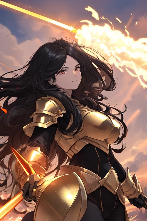 Golden heavy armor, large hammer, hair blowing in the wind, proud face, low angle, red aura, shining light, high resolution, black hair, semi-long hair, poised