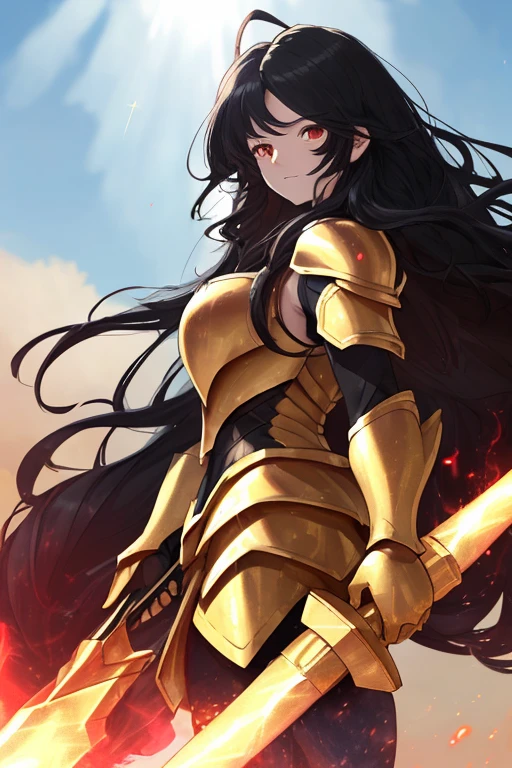 Golden heavy armor, large hammer, hair blowing in the wind, proud face, low angle, red aura, shining light, high resolution, black hair, semi-long hair, poised
