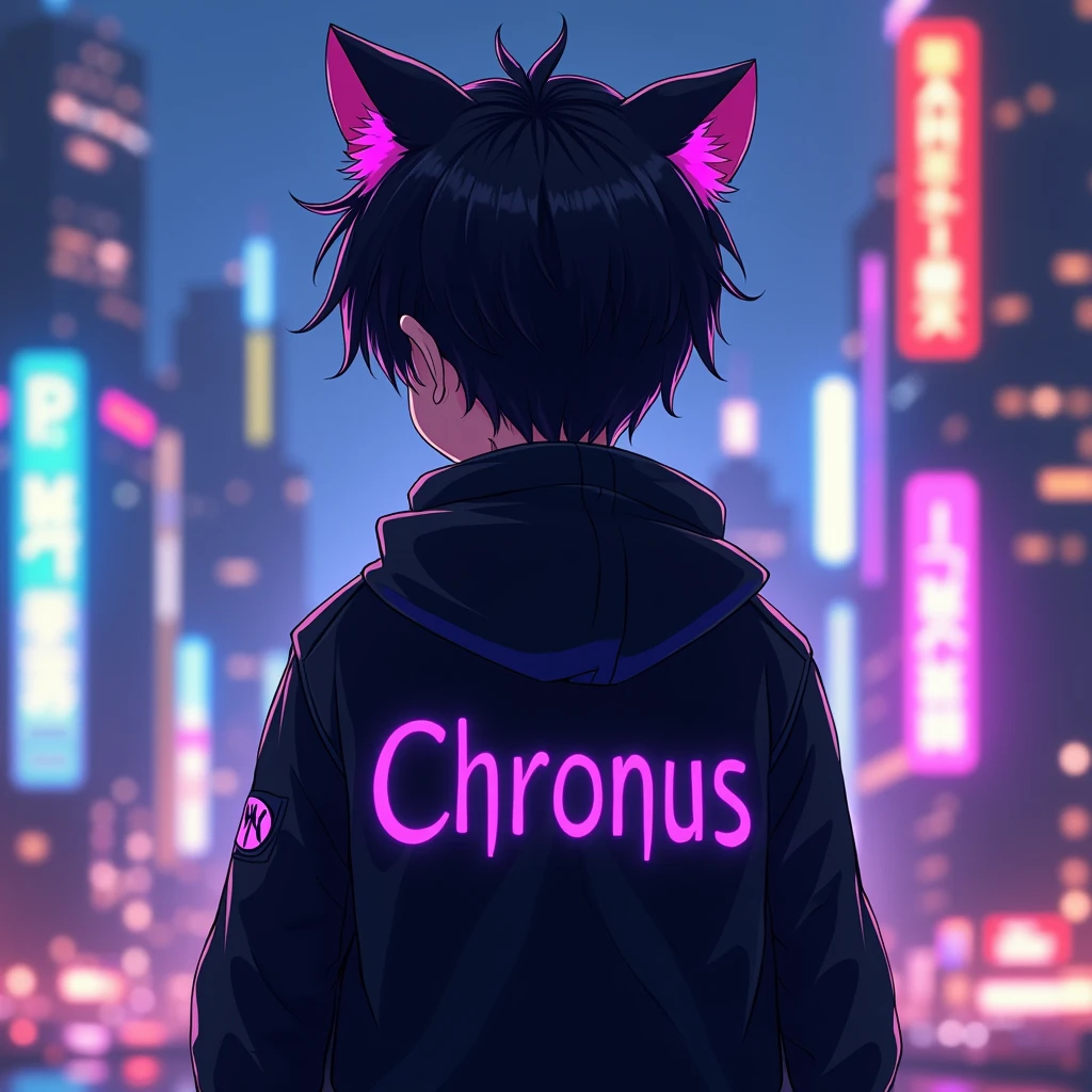 anime boy is wearing black aesthetic jacket, with 
cat ears and with a purple text "chronus" at 
the back of his clothes, in citylights 
background