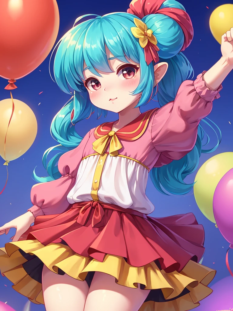 childish girl , dancing with balloon , coquettish , Cunning , Fascinating , Seducer , Naughty , innocent , moist eyes , glossy lips , childish clothes , childish hair tie , Wonderful days , (LUMMELTUTE:1.5) , EAT ME