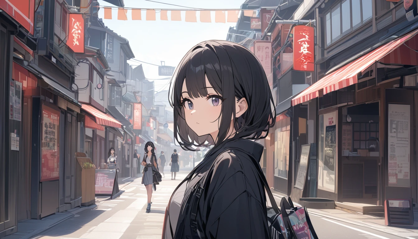Black-haired woman looking this way,Streetscape、listen to music、Japanese