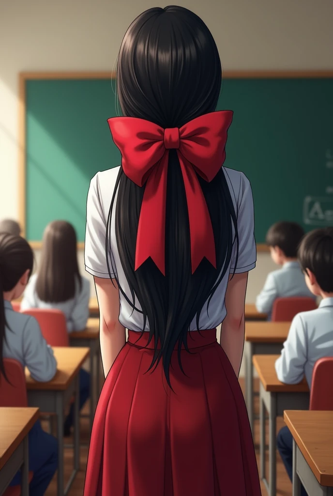 Teacher with long black hair with a large ribbon bow Coquette, The teacher has her back turned and is in the classroom, with the students.