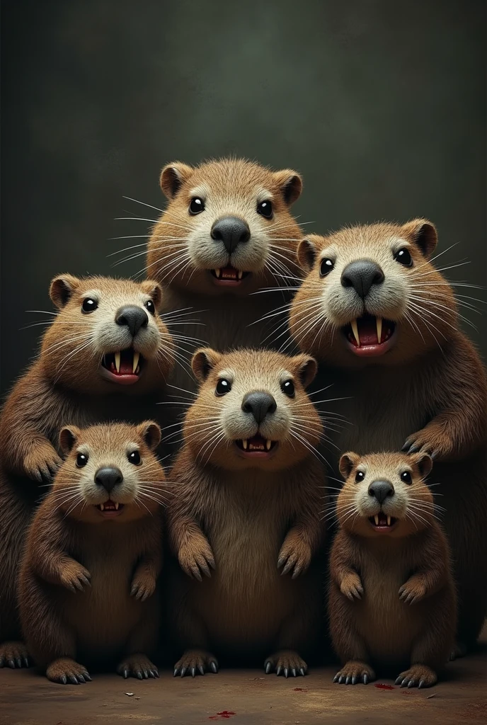 1970s horror movie style family portrait . the characters are perturbed beavers. focus on hyperrealistic lighting and textures