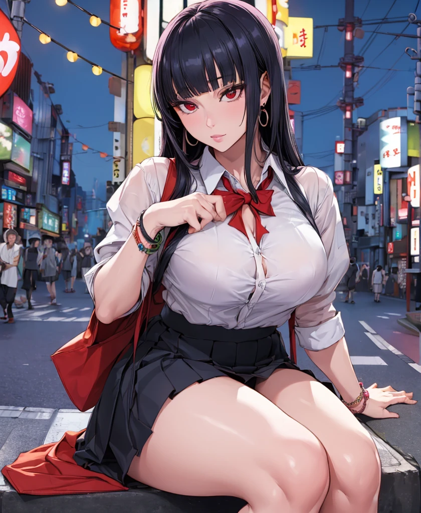 A person posing with a large white bag on their lap, jewelry, skirt, shirt, chest, Red eyes, bangs, Black Hair, Long Hair, large chest, white shirt, Earrings, pleated skirt, black skirt, One person, View your viewers, bracelet, collared shirt, Thighs, Earrings, blunt bangs, Outdoor(,(,Outdoor,Tokyo,Kabukicho,night:1.5),, (重いchest:1.1, ), huge chest), (重いchest:1.1, ), (,Are standing:1.1, ),, Thighsの隙間、
