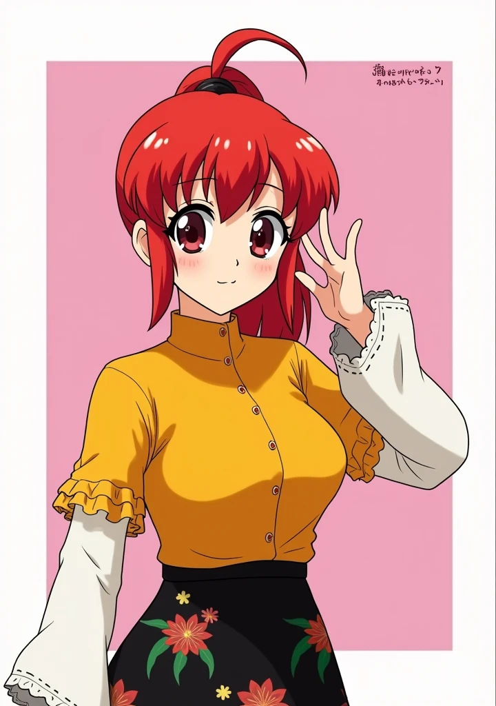 Colored female Saotome Ranma prototype, make a girl,Clear contours, Colorful full body photos, (Beautiful and delicate eyes), (pretty face:1.3), childish face, Red short hair with single ponytail, (Bangs), bumpy Bangs, blue gray eyes, big eyes,Large Breasts,Full body image, childish face, red long straight hair, (Bangs), bumpy Bangs, blue gray eyes, big eyes,Fitted white long-sleeved shirt(細Floral及蕾絲邊),Yellow printed long skirt(actual:1.2),(Floral), (actual:1.7),Face the camera head-on,Bend one foot slightly against the calf of the other leg,Make a Y gesture with your hands。