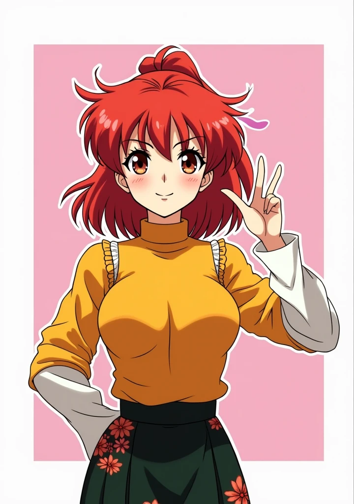Colored female Saotome Ranma prototype, make a girl,Clear contours, Colorful full body photos, (Beautiful and delicate eyes), (pretty face:1.3), childish face, Red short hair with single ponytail, (Bangs), bumpy Bangs, blue gray eyes, big eyes，Large Breasts，Full body image,  childish face, red long straight hair, (Bangs), bumpy Bangs, blue gray eyes, big eyes，Fitted white long-sleeved shirt(細Floral及蕾絲邊),Yellow printed long skirt(actual:1.2),(Floral),  (actual:1.7),Face the camera head-on，Bend one foot slightly against the calf of the other leg，Make a Y gesture with your hands。